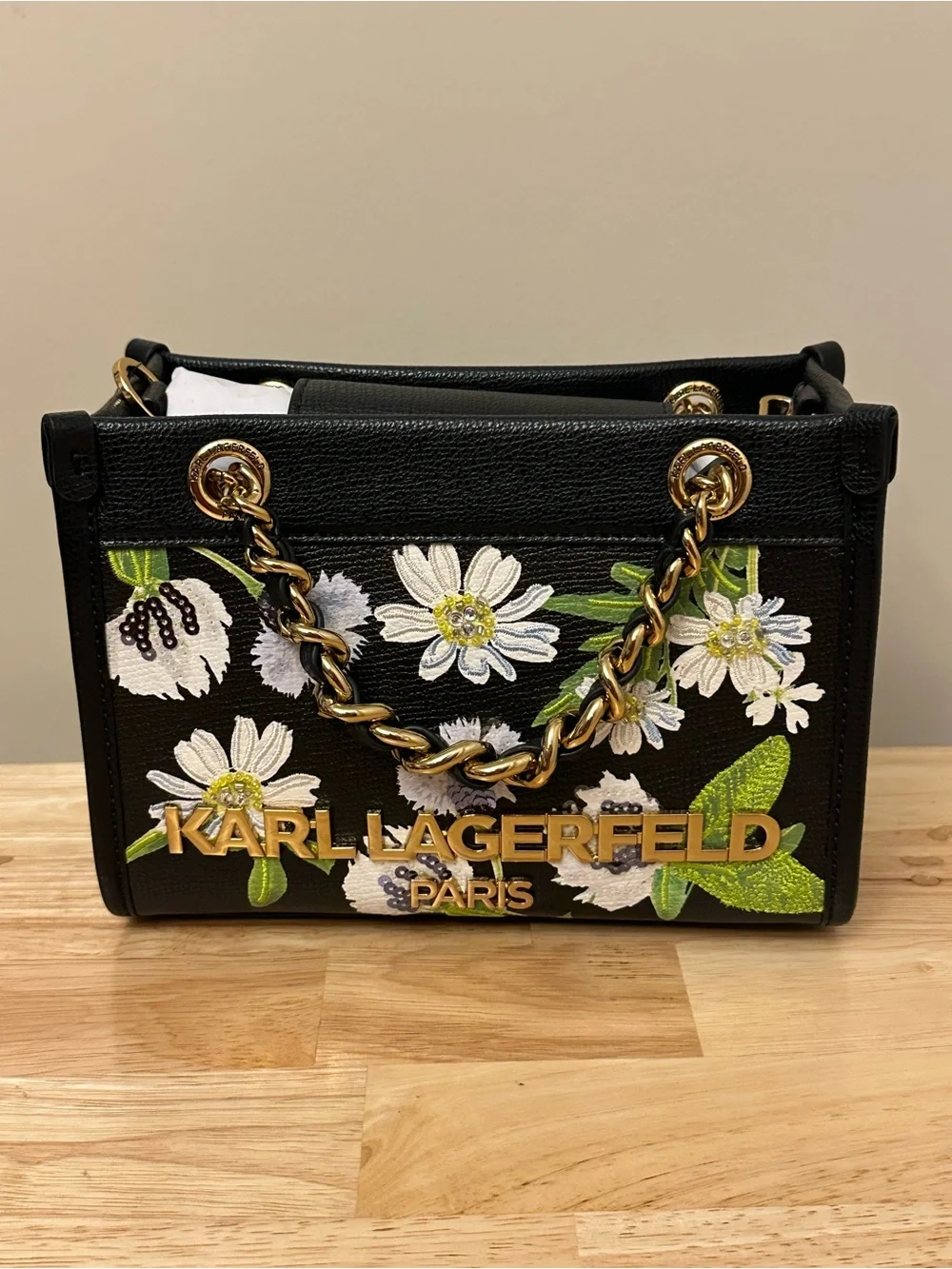 Karl Lagerfeld Black Floral Embroidered Satchel with Gold Chain